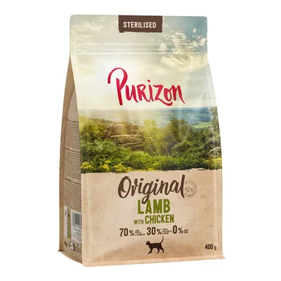 Purizon Sterilised Original jehněčí s kuřecím, 70 % maso a ryby, 30 % zelenina, 0 % obilovin, 400 g. Balení s motivem krajiny.