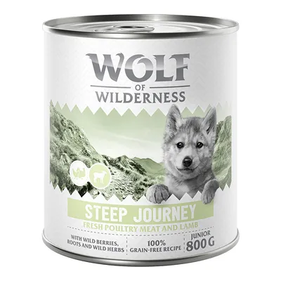 Wolf of Wilderness Steep Journey Junior, carne proaspătă de pasăre și miel, cu fructe de pădure, rădăcini și ierburi, rețetă 100% fără cereale, conservă 800g.