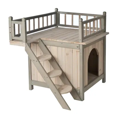 Wooden pet house with an enclosed lower area, arched entrance, side steps leading to an open rooftop terrace with railings. Shows structure and features for indoor or outdoor use.