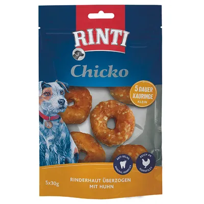 Rinti Chicko, naudanvuota kanan kanssa, 5 pientä pururengasta, anti-plakki mineraalikompleksi, runsaasti kananfileetä, pakkauskoko 5x30g.