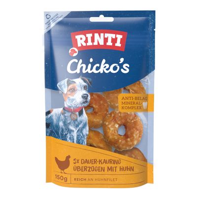 Rinti Chicko, runderhuid omhuld met kip, 5 kleine kauwringen, anti-plak mineraalcomplex, rijk aan kipfilet, verpakkingsgrootte 5x30g.