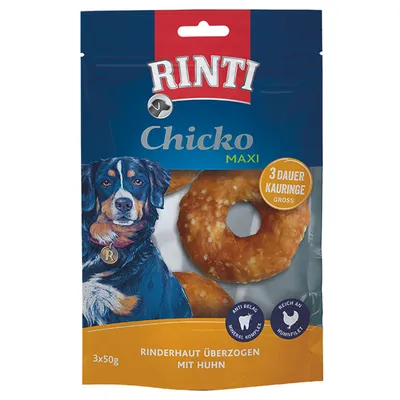 Rinti Chicko Maxi, naudannahka päällystetty kanalla, 3 suurta kestopururengasta, anti-plakki mineraalikompleksi, runsaasti kananfileetä, pakkauskoko 3x50g.
