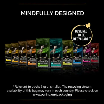 Range of Purina Pro Plan Veterinary Diets bags with text stating 'Mindfully designed' and 'Designed to be recyclable'. Recycling applies to packs 5kg or smaller. See purina.eu/packaging.