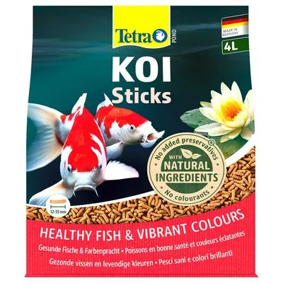Tetra Pond KOI Sticks 4L, met opschrift 'with natural ingredients', 'no added preservatives', 'no colourants', gezonde vissen en levendige kleuren. Gemaakt in Duitsland.