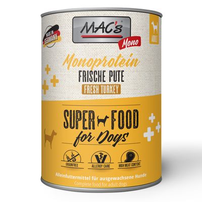 MAC's Super Food for Dogs, Monoprotein Frische Pute, Alleinfuttermittel für ausgewachsene Hunde, Made in Germany, 24x Dosen, getreidefrei, allergikerfreundlich, 93% Truthahn.