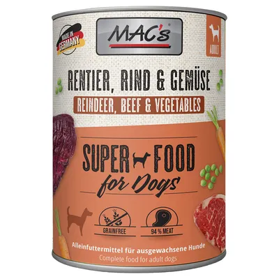 MAC's Super Food for Dogs, rendier, rundvlees en groenten. Gemaakt in Duitsland, graanvrij, 94% vlees. Volledig voer voor volwassen honden.