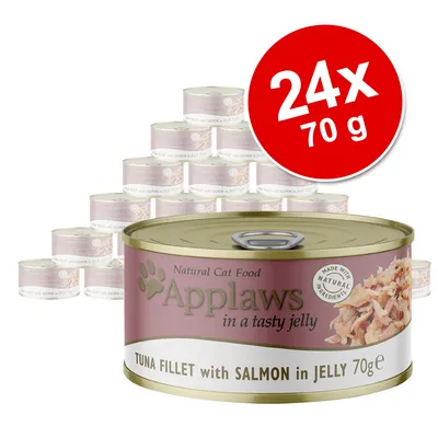 Applaws Natural Cat Food TUNA FILLET with SALMON in JELLY, 24 x 70 g tölkkiä. Teksti: Made with natural ingredients. Applaws Natural Cat Food TUNA FILLET with SALMON in JELLY, 24 x 70 g tölkkiä. Teksti: Made with natural ingredients.