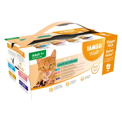 IAMS Delights Land & Sea Collection kissoille, Adult 1+, Bigger Pack 48x85g. Lajit: tonnikala & silli, lohi & taimen, kalkkuna & ankka, lammas & maksa.