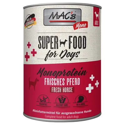MAC's Super Food for Dogs, monoprotein čerstvý kůň. Vyrobeno v Německu, bez obilovin, péče při alergiích, 99 % kůň. Kompletní krmivo pro dospělé psy.