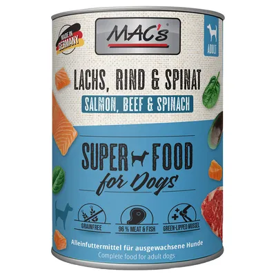 MAC's Super Food voor honden, zalm, rund & spinazie. Made in Germany, graanvrij, 96% vlees & vis, groenlipmossel. Volledig voer voor volwassen honden.
