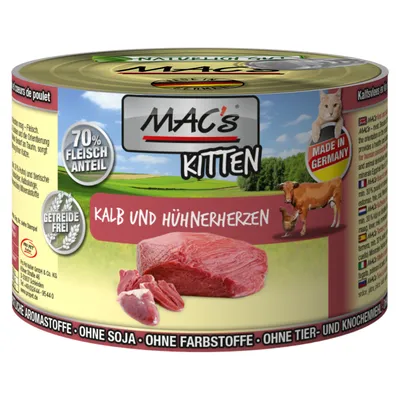 MAC's Kitten märkäruoka, vasikkaa ja kanan sydämiä. 70 % lihapitoisuus, viljaton, Made in Germany. Ilman aromiaineita, soijaa, väriaineita, eläin- ja luujauhoa.