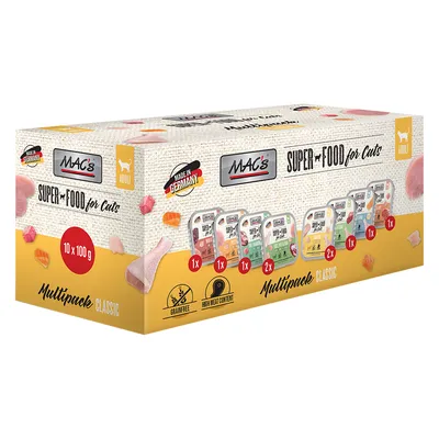 MAC's Superfood for Cats Multipack Classic, 10 x 100 g, fremstillet i Tyskland, kornfri, højt kødindhold, til voksne katte.