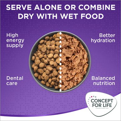 Testo in inglese: Serve alone or combine dry with wet food. High energy supply, dental care, better hydration, balanced nutrition. Concept for Life.