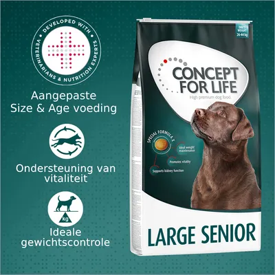 CONCEPT FOR LIFE Large Senior hondenvoer, aangepaste Size & Age voeding, ondersteuning van vitaliteit, ideale gewichtscontrole, geschikt voor honden 26–44 kg. Ontwikkeld met experts. CONCEPT FOR LIFE Large Senior hondenvoer, aangepaste Size & Age voeding, ondersteuning van vitaliteit, ideale gewichtscontrole, geschikt voor honden 26–44 kg. Ontwikkeld met experts.