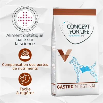 CONCEPT FOR LIFE Veterinary Diet GASTROINTESTINAL, aliment diététique pour chien. Texte visible : Aliment diététique basé sur la science, Compensation des pertes de nutriments, Facile à digérer. CONCEPT FOR LIFE Veterinary Diet GASTROINTESTINAL, aliment diététique pour chien. Texte visible : Aliment diététique basé sur la science, Compensation des pertes de nutriments, Facile à digérer.