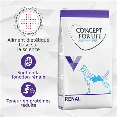 Concept for Life Veterinary Diet RENAL, aliment diététique pour chien. Texte visible : Aliment diététique basé sur la science, soutien la fonction rénale, teneur en protéines réduite.