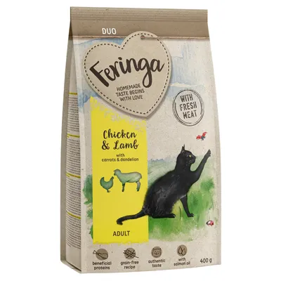 Feringa Duo Adult корм для кошек: курица и ягненок с морковью и одуванчиком, без зерна, с свежим мясом, натуральный вкус, с лососевым маслом, 400 г.