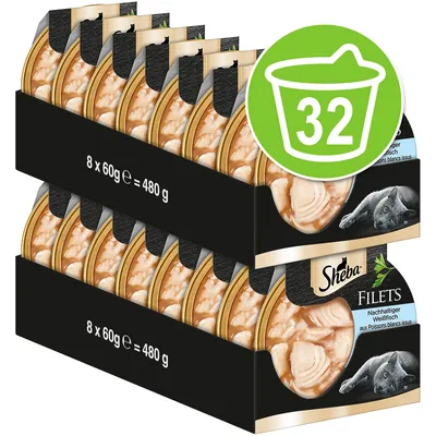 Sheba Filets, 2 упаковки по 8×60 г, общий вес 960 г, изображение рыбы и кошки, зелёный значок с числом 32.