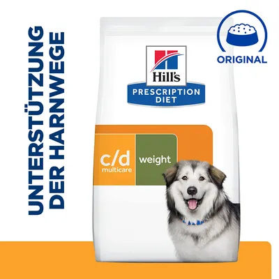 Sac Hill's Prescription Diet c/d multicare weight pour chien, texte visible : UNTERSTÜTZUNG DER HARNWEGE, ORIGINAL. Texte en allemand et anglais.