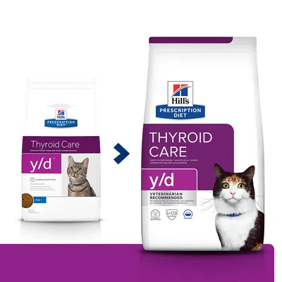 Hill's Prescription Diet Thyroid Care y/d suha hrana za mačke, prikaz stare i nove ambalaže s natpisima 'Veterinarian Recommended' i slikama mačaka na obje vrećice.