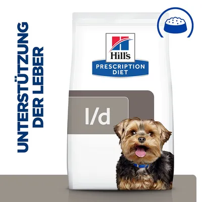 Hill's Prescription Diet l/d, texte allemand «UNTERSTÜTZUNG DER LEBER», image d'un chien sur l'emballage. Texte anglais et allemand visibles.