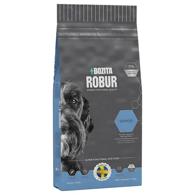 Bozita Robur Swedish Functional Quality Senior hundefoder, 71 % animal protein, super functional dog food, made in Sweden, net weight 11 kg. Synligt billede af en hund på posen.