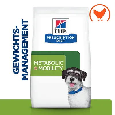 Hill's Prescription Diet Metabolic + Mobility, upravljanje telesne teže, s piščancem. Embalaža prikazuje psa z modro ovratnico.