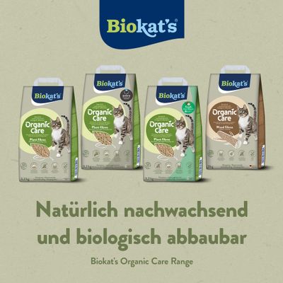 Biokat's Organic Care Katzenstreu, natürlich nachwachsend und biologisch abbaubar, Varianten mit Pflanzenfasern und Holzfasern, Packungen zu 3-3,2 kg.