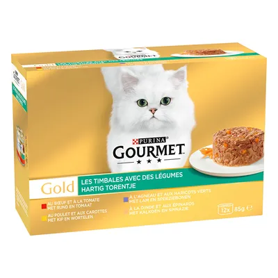 Purina Gourmet Gold Les Timbales con verdure. Varianti: manzo e pomodoro, pollo e carote, agnello e fagioli, tacchino e spinaci. Confezione da 12x85g.