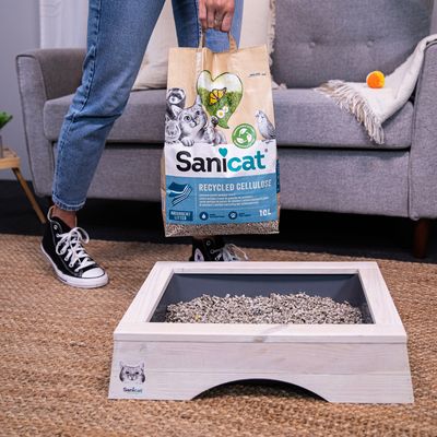 Sanicat Recycled Cellulose arena para gatos, bolsa de 10L. Arena absorbente de celulosa reciclada, apta para areneros. El envase muestra imágenes de animales y símbolo ecológico.