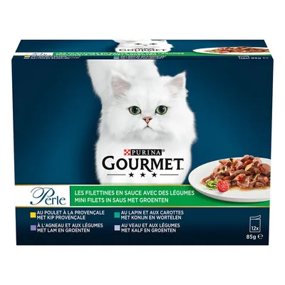 Purina Gourmet Perle, pakiranje mačje hrane s bijelom mačkom i tanjurom fileta u umaku s povrćem. 12x85 g. Tekst na francuskom i nizozemskom o okusima: piletina, janjetina, kunić, teletina.