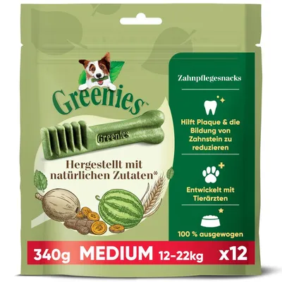 Greenies Zahnpflegesnacks, 340g, Medium 12–22kg, x12. Texte visibles : Hergestellt mit natürlichen Zutaten, Hilft Plaque & die Bildung von Zahnstein zu reduzieren, Entwickelt mit Tierärzten.