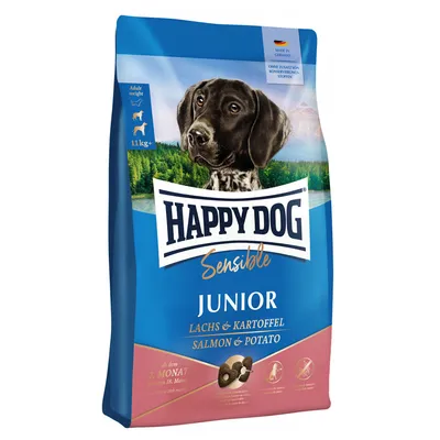 Happy Dog Sensible Junior Lachs & Kartoffel Salmon & Potato hondenvoer, geschikt vanaf 7e maand tot 18e maand, zonder toegevoegde conserveermiddelen, adult gewicht 11 kg+ zichtbaar.