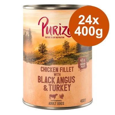 Purizon hundfoder, kycklingfilé med Black Angus och kalkon, 45% kycklingfilé, för vuxna hundar. Förpackningsstorlek: 24x400g.