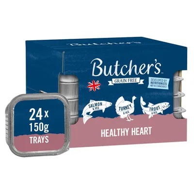 Box of 24 grain free 150g trays with salmon and veg, turkey and veg, trout and veg. Labelled healthy heart, developed by nutritionists, vet recommended. Box of 24 grain free 150g trays with salmon and veg, turkey and veg, trout and veg. Labelled healthy heart, developed by nutritionists, vet recommended.