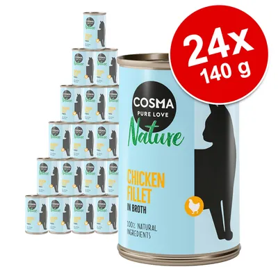 Cosma Pure Love Nature Chicken Fillet in Broth, 24x140 g blikken. Tekst: 100% natural ingredients. Afbeelding van zwarte kat en kip icoon op lichtblauwe verpakking.