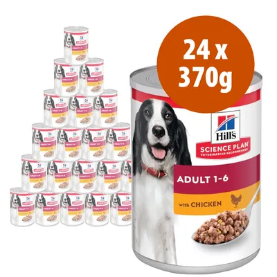 Pack de 24 latas Hill's Science Plan Adult 1-6 with Chicken, 370 g cada una. Imagen de perro y comida en la etiqueta. Texto visible: SCIENCE PLAN, ADULT 1-6, with CHICKEN. Pack de 24 latas Hill's Science Plan Adult 1-6 with Chicken, 370 g cada una. Imagen de perro y comida en la etiqueta. Texto visible: SCIENCE PLAN, ADULT 1-6, with CHICKEN.