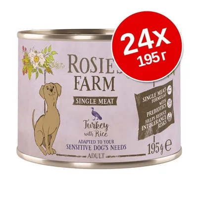 Rosie's Farm Single Meat Turkey with Rice, 24×195 г консерви за кучета. Видими надписи: с пребиотици, намалява риска от непоносимост, за чувствителни кучета.