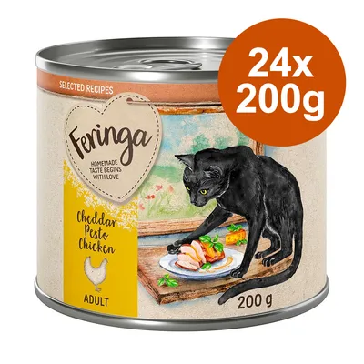 Feringa Adult comida para gatos, variedad Cheddar Pesto Chicken, 24x200g. Ilustración de un gato negro con plato de pollo y verduras. Texto: Homemade Taste Begins With Love.