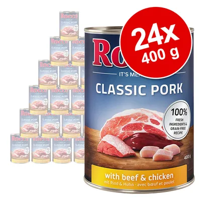 Lot de 24 boîtes Rocco Classic Pork 400 g, avec bœuf et poulet. Texte visible : 100 % fresh ingredients & grain-free recipe, with beef & chicken, mit Rind & Huhn, avec bœuf et poulet.