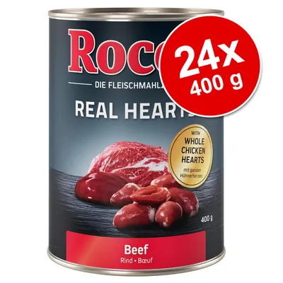 Rocco Real Hearts Beef, 24x400 g. Text: 'with whole chicken hearts'. Bild på kött och hjärta. Vikt: 400 g.