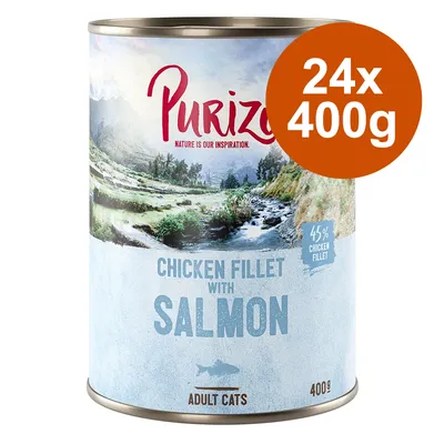 Purizon Chicken Fillet with Salmon pour chats adultes, 45 % chicken fillet, lot de 24 x 400 g, boîte de 400 g visible.