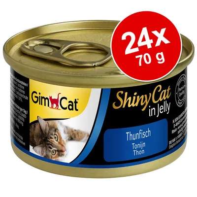 GimCat ShinyCat in Jelly Thunfisch, konservburk med kattbild. Röd cirkel med text: 24x 70 g.
