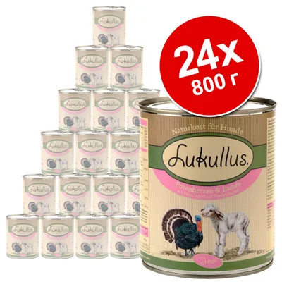 24 банки по 800 г Lukullus для собак, вкус индюшачьи сердца и ягнёнок. На упаковке изображены индейка и ягнёнок, видна надпись Naturkost für Hunde. 24 банки по 800 г Lukullus для собак, вкус индюшачьи сердца и ягнёнок. На упаковке изображены индейка и ягнёнок, видна надпись Naturkost für Hunde.