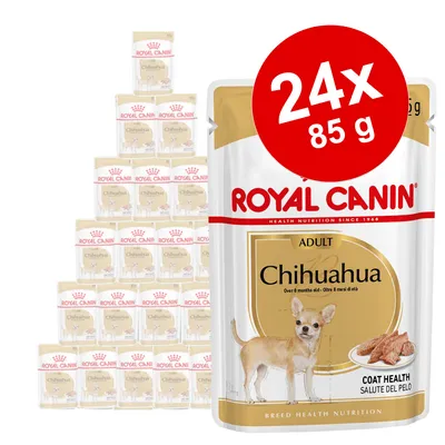 Pack de 24 sobres de 85 g Royal Canin Chihuahua Adult, visible en el envase: imagen de un chihuahua y texto 'Coat Health'. Pack de 24 sobres de 85 g Royal Canin Chihuahua Adult, visible en el envase: imagen de un chihuahua y texto 'Coat Health'.