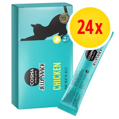 Cosma Pure Love Jelly Snack Chicken, confezione da 24x14g, ricetta senza cereali, visibile una bustina singola e la scatola con silhouette di gatto. Cosma Pure Love Jelly Snack Chicken, confezione da 24x14g, ricetta senza cereali, visibile una bustina singola e la scatola con silhouette di gatto.