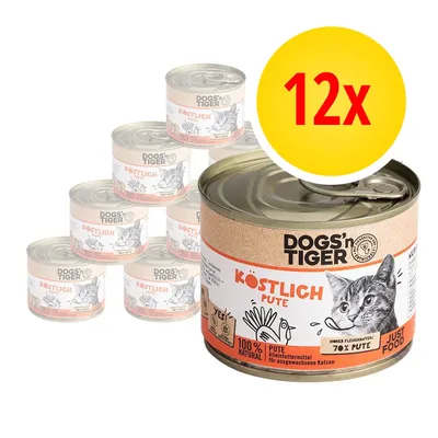 12x lattine DOGS'n TIGER Köstlich Pute, 100% natural, 70% tacchino, alimento completo per gatti adulti. Testo in tedesco sull'etichetta.