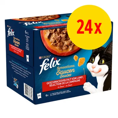 Boîte de 24 sachets Felix Sensations Sauces Sélection de la campagne, avec dinde, bœuf, agneau, canard. Texte en allemand et français visible sur l’emballage.