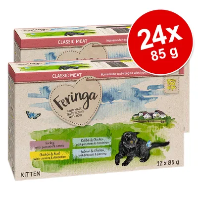 Feringa Classic Meat za mladiče, 24 x 85 g. Okusi: puran z bučo in mačjo meto, piščanec in teletina s korenjem in regratom, zajec in piščanec s krompirjem in regratom, losos in piščanec z brokolijem in peteršiljem.