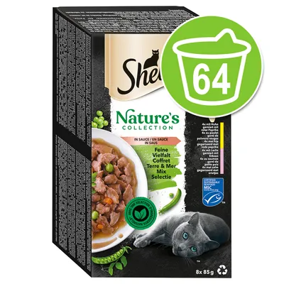 Sheba Nature's Collection kattemad i sauce, 8 x 85 g. Tekst: Feine Vielfalt Coffret Terre & Mer Mix Selectie. Grøn spand med tallet 64. MSC-certificering synlig.